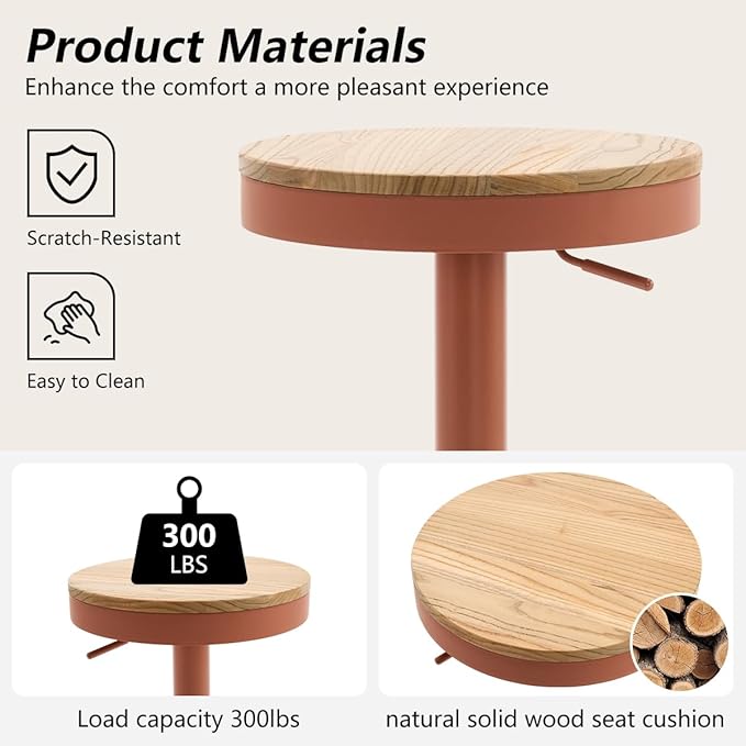 Kidol & Shellder Bar Stools Set of 4 Round Adjustable Swivel Barstools Modern Backless Bar Chairs Wooden Seat Counter Height Stools Armless for Kitchen Island, Cafe, Dining Room Terracotta