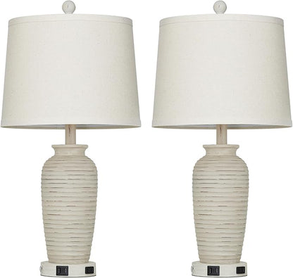 25" Retro White Farmhouse Jar Table Lamps Set of 2, 3 Way Touch Control Rustic Bedside Lamps with USB A+C Ports & AC Outlet, Pot Nightstand Lamps for Bedroom Living Room (LED Bulbs Included)