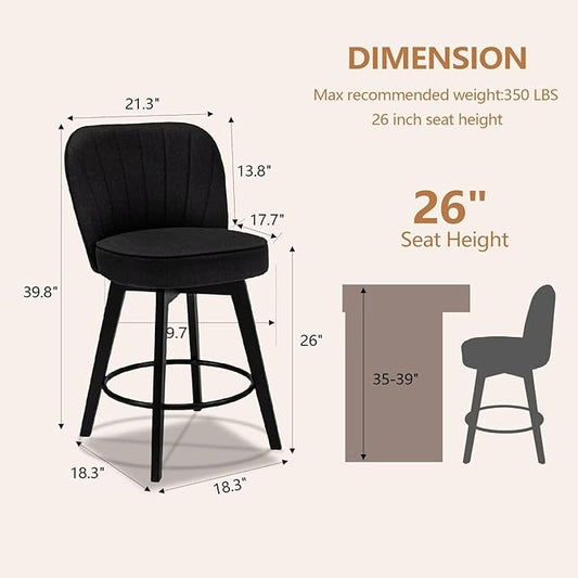 MINCETA Bar Stools Set of 4, 26 Inch Upholstered Barstools with Backrest and Footrest, Swivel Counter Height Barstools for Kitchen Island Home Bar Black