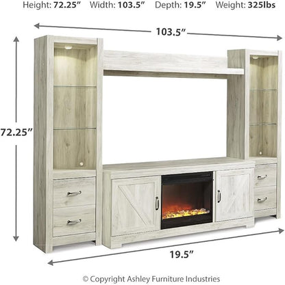 Signature Design by Ashley Bellaby Farmhouse 4-Piece Entertainment Center for TVs up to 72" with Fireplace and LED Lighting, Whitewash