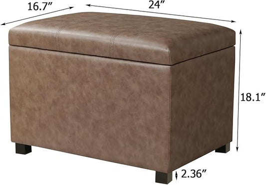 Asense Storage Ottoman Bench,Foot Stool Ottoman with Storage, Faux Leather Foot Rest Seat with Safety Hinge,Wood Legs Stool for Living Room, Bedroom,Enterway,Brown
