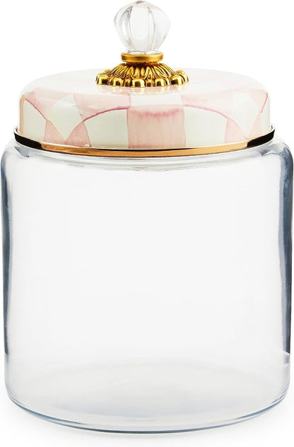 MACKENZIE-CHILDS Rosy Check Kitchen Canister, Decorative Pink-and-White Glass Storage Jar with Lid, Large