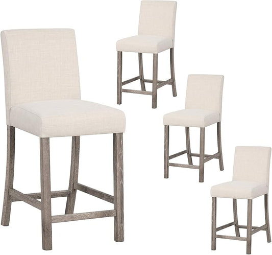 COSTWAY Upholstered Counter Height Stools Set of 4, Bar Stools w/Ergonomic Backrest, Solid Wood Frame, 24.5” Fabric Counter Height Chairs for Kitchen Island, Dining Room, Pub (Beige)
