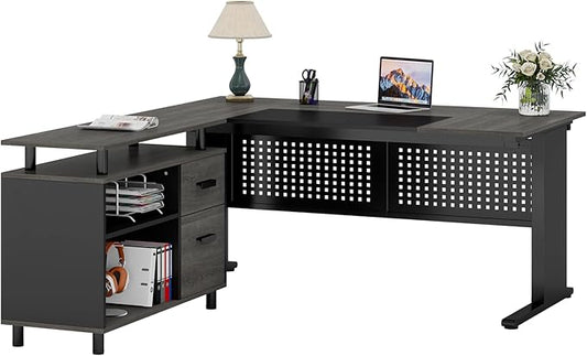 LITTLE TREE Large Computer Desk with File Cabinet, 63 Inch Executive Desk L Shaped Office Desk with Drawers and Storage Shelves, Business Furniture Desk Workstation for Home Office