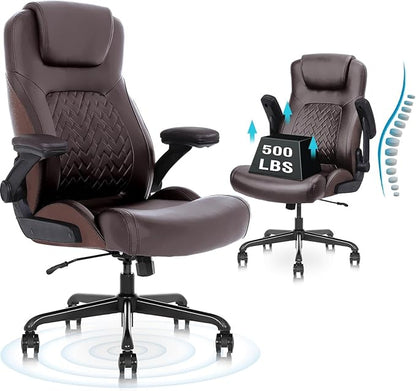 Ergonomic Executive Office Chair for Big & Tall - 500lbs Capacity with Lumbar Support & Flip-Up Armrests, Heavy Duty PU Leather Computer Desk Chair, Brown