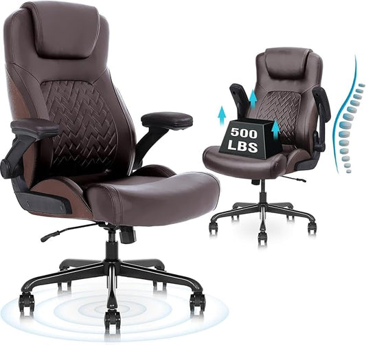 Ergonomic Executive Office Chair for Big & Tall - 500lbs Capacity with Lumbar Support & Flip-Up Armrests, Heavy Duty PU Leather Computer Desk Chair, Brown