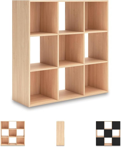 Signature Design by Ashley Piperton Contemporary 3-Tier Floor Standing 9 Cube Organizer for Living Room, Wood, Works with 10.5 W x 10.5 D x 11 H Storage Bin (Sold Separately), Light Brown