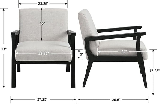 HNY Mid Century Modern Accent Chairs Set of 2 with Black Wood Frames, Linen Upholstered Living Room Arm Chairs for Living Room, Bedroom, Ivory