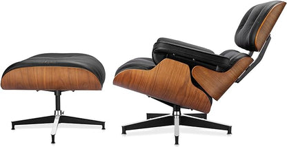 Top Black Grain Leather, Mid Century Chaise Lounge Chair and Ottoman, Modern Chair Classic Design, Walnut Wood, Heavy Duty Base Support for Living Room Study Lounge Office