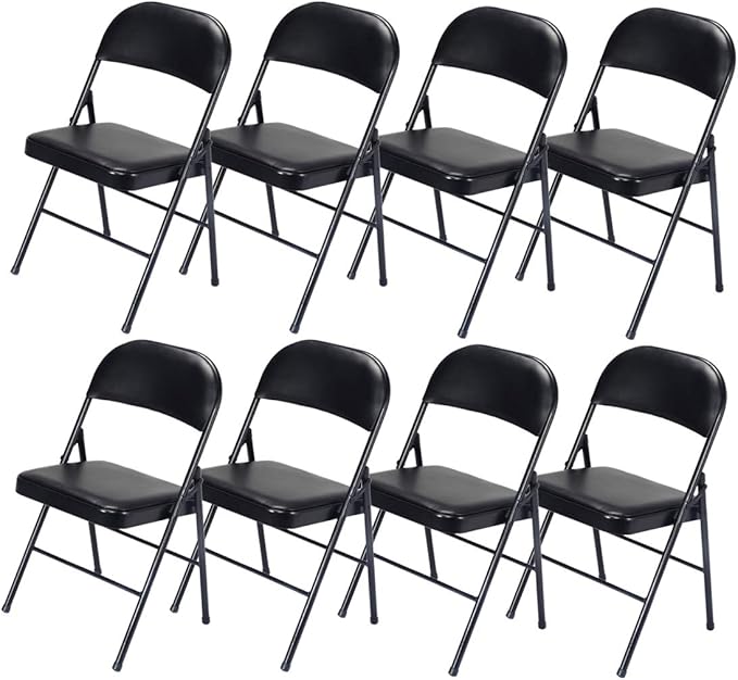 8 Pack Black Folding Chairs with Padded Seats, Portable Stackable Foldable Chairs for Indoor and Outdoor, Commercial Seat with Metal Frame for Events Office Wedding Party, 330lbs Capacity