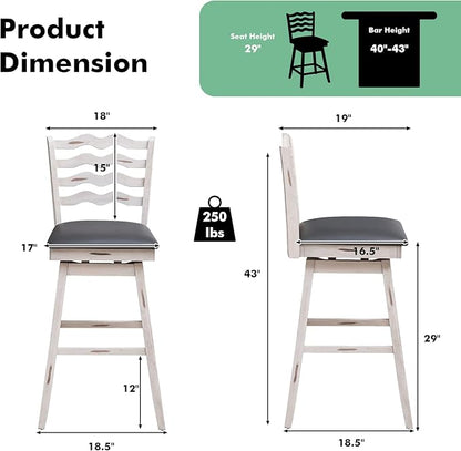 COSTWAY Bar Stools Set of 2, 29” 360° Swivel Bar Height Chairs with Rubber Wood Frame, Cushioned Seat, Ergonomic Backrest & Footrest, Wooden Upholstered Barstools for Kitchen Island (2, 29”)