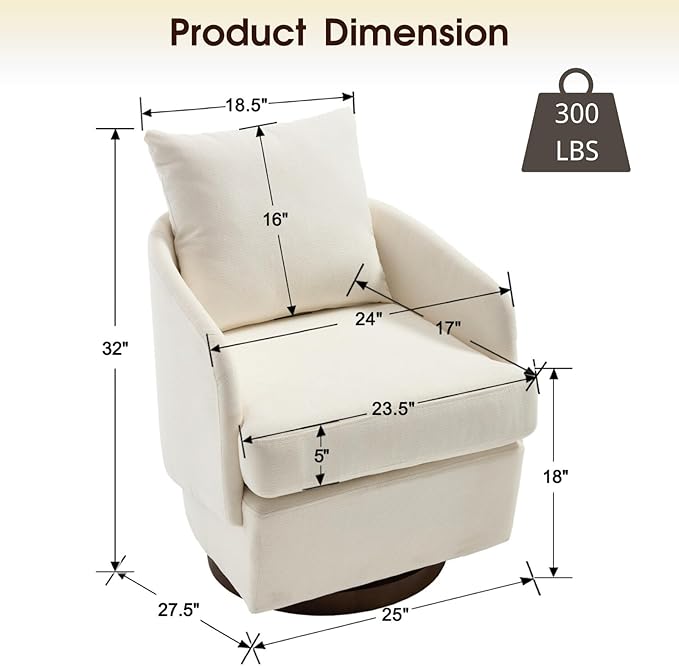CIMOTA Swivel Accent Chair, Modern Barrel Armchair with 360° Swivel Base and Pillow, Upholstered Fabric Club Chair for Living Room/Reading/Office, Beige
