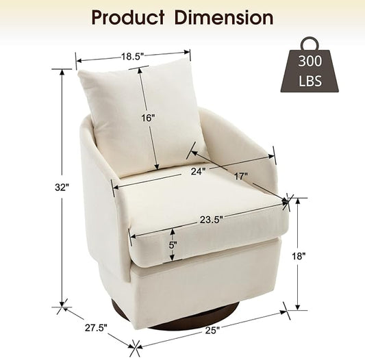 CIMOTA Swivel Accent Chair, Modern Barrel Armchair with 360° Swivel Base and Pillow, Upholstered Fabric Club Chair for Living Room/Reading/Office, Beige