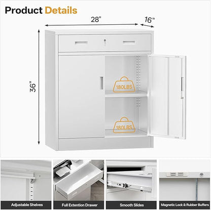 Metal Storage Cabinets with Drawer, 36”H Lockable Storage Cabinet with Doors and Adjustable Shelves, Small White Steel File Cabinet for Home, Office, Warehouse, School, Assembly Required