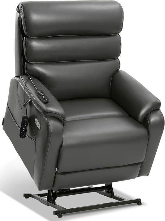 EONIX Wide Lay Flat Power Lift Recliner Chair for Elderly, Heavy Duty Oversized Breathable Faux Leather Lift Chairs Recliner Sofa with Heat and Massage and Charging Ports, Grey
