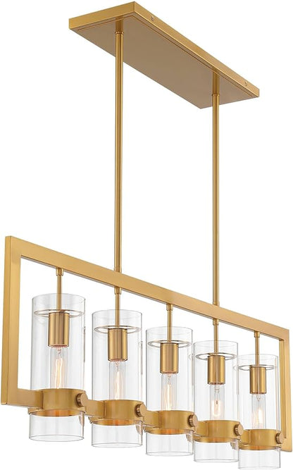 Possini Euro Design Camden Brass Island Linear Pendant Chandelier 42" Wide Modern Open Rectangle Frame Clear Glass Tube Shades 5-Light Fixture for Dining Room House Foyer Kitchen Entryway Bedroom