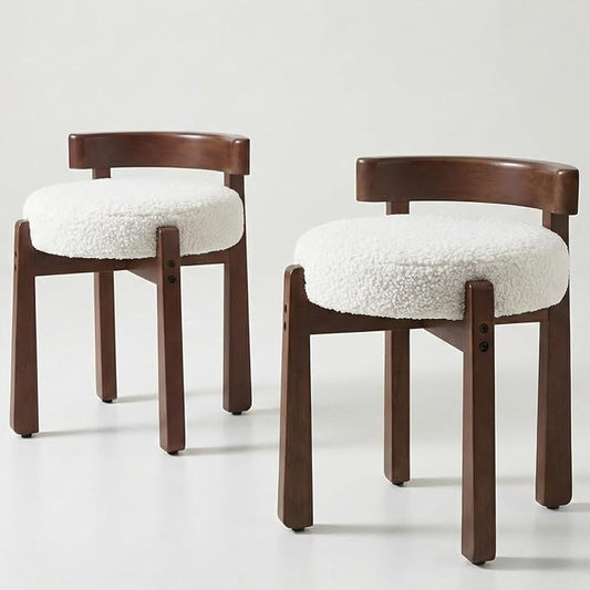 HNY Modern Boucle Ottoman Set of 2 Upholstered Vanity Chair with Solid Wood Legs, Cute Round Footrest for Bedroom & Living Room, White