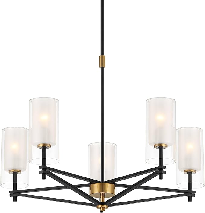 Possini Euro Design Nyack 25" Modern Pendant Chandelier Ceiling Light Fixture Dining Room Over Table Kitchen Island Foyer Open Frame Hanging 5-Light Black Gold Finish White Glass Hallway Entryway