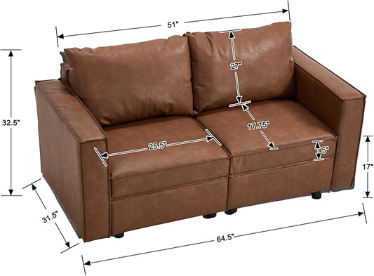 64.5 inch Loveseat, Brown Leather Modular Sectional Sofa, Modern Convertible Comfortable Sofa Couch for Living Room/Apartment