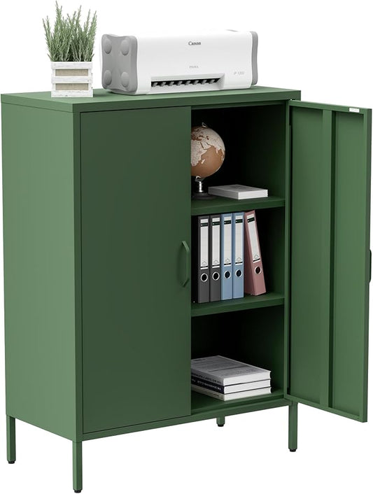 Metal Storage Cabinet with Doors and Shelves,Multipurpose Storage Rack, 3-Tier Shelf,Metal Locker Style Accent Cabinet for Home Office,Living Room,Kitchen (Forest Green, 40''H)