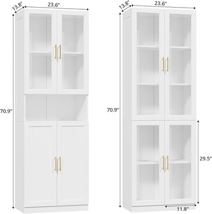 VOWNER Bookcase with Glass Doors & Drawers, 5 Tier Bookshelf with Adjustable Shelf, Modern Large Storage Display Cabinet Set for Home Office, Living Room, White (CDDC)