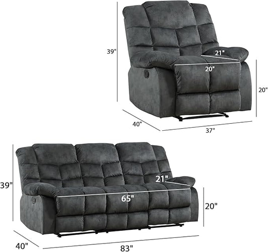 EBELLO Manual Recliner Couch Set, Soft Fabric Reclining Living Room Sofa Set, Included Single Recliner Chair and 3PC Bonded Sofa Couch, Grey Green