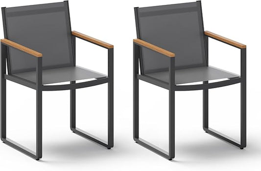 Outdoor Dining Chairs Set of 2, Aluminum Patio Dining Chiars with Textilene Mesh, 2 Piece Outdoor Chiars for Garden, Backyard, Deck (Gray-Teak)