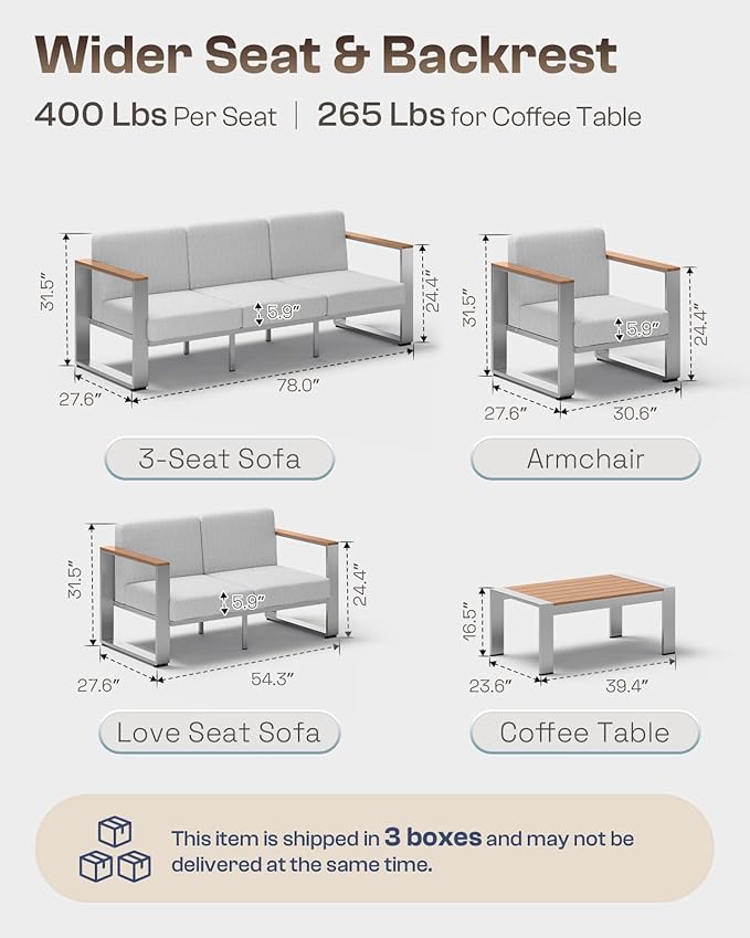 Outdoor Patio Furniture Set, 7 Seats Outdoor Patio Conversation Sets with Ergonomic Seat and Wide Washable Thick Cushions, Modern Patio Sectional Furniture for Balcony, Porch（Teak-Gray