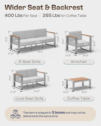 Outdoor Patio Furniture Set, 7 Seats Outdoor Patio Conversation Sets with Ergonomic Seat and Wide Washable Thick Cushions, Modern Patio Sectional Furniture for Balcony, Porch（Teak-Gray