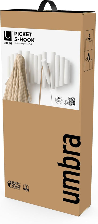 UMBRA Picket Rail Wall Stylish and Functional Hook with Five Hoops (White) (Pack of 3)