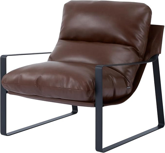 VEVOR Accent Chair, Modern PU Leather Armchair, Cozy Upholstered Chair, with Soft Foam Cushioning, Sturdy Metal Frame, and Detachable Cushion, for Living Room, Bedroom, Reading Room, Office, Brown