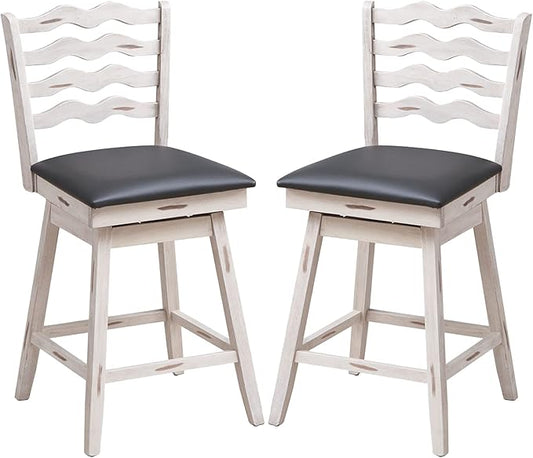 COSTWAY Bar Stools Set of 2, 25” 360° Swivel Counter Height Chairs with Rubber Wood Frame, Cushioned Seat, Ergonomic Backrest & Footrest, Wooden Upholstered Barstools for Kitchen Island (2, 25”)