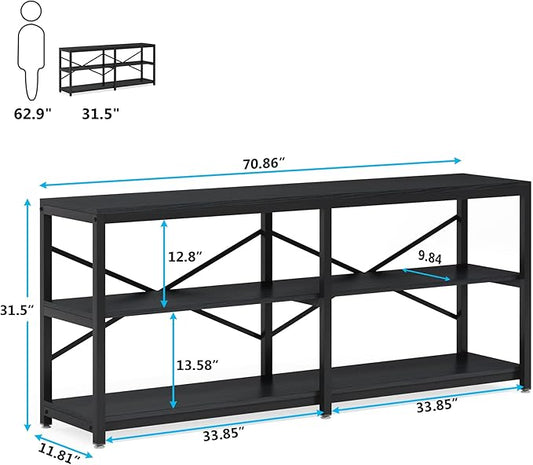 Tribesigns 70.9 Inch Extra Long Console Table, Modern Sofa Table Behind Couch Table with Storage Shelves, 3-Tier Industrial Hallway Entryway Table for Living Room, 3 Shelf Bookshelf(Black)