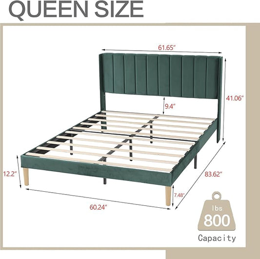 AGARTT Upholstered Platform Bed Frame Queen Size with Headboard and Footboard/Wooden Slats Support/No Box Spring Needed/Easy Assembly, Green Velvet