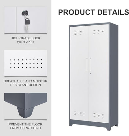 FLEXIMOUNTS 73'' Tall Metal Storage Cabinet with Locking Door, Large Cleaning Tool Organizer for Brooms, Garage, Laundry Room, Bathroom, Grey-White