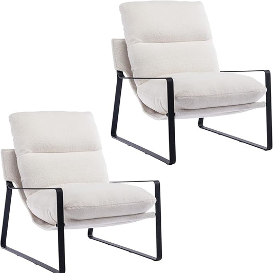 Mid-Century Accent Chair Set of 2, Comfy Sherpa Fabric Side Chair with Armrest, Upholstered Leisure Chair with Black Metal Frame for Living Room Bedroom Reception Room, White