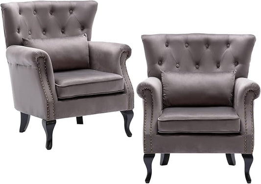chairus Mid-Century Modern Accent Chairs Set of 2, Comfy Tufted Single Sofa Chair Wingback Armchair with Pillow for Club, Living Room, Bedroom - Velvet, Grey