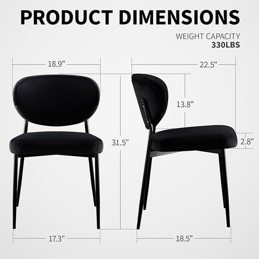 Black Dining Chairs Set of 2 Velvet Upholstered Dining Room Chairs Wide Seat Filled with 58D Memory Foam Modern Kitchen Chairs with Curved Back & Swivel Leveling Feet for Restaurant