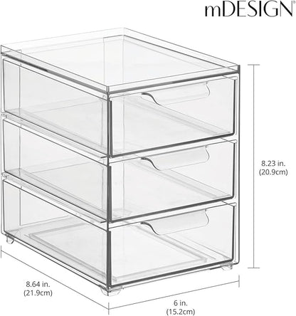 mDesign Plastic Stackable Organizer with 3 Drawers - Pull-Out Drawer Storage Bin for Bathroom Sink/Cabinet Organization - Perfect for Makeup, Small Towels, and More - Lumiere Collection, Clear