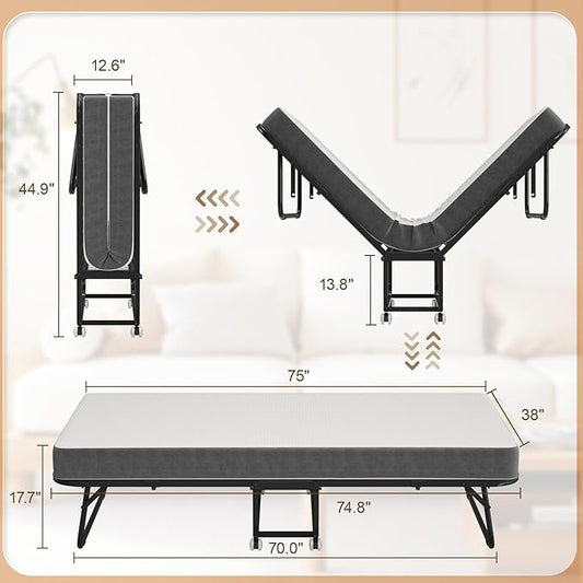 75" x 38" Folding Beds with Mattress for Adults, Portable Foldable Twin Bed with Memory Foam Mattress & Super Strong Frame, Convenient Roll Away Guest Bed for Storage