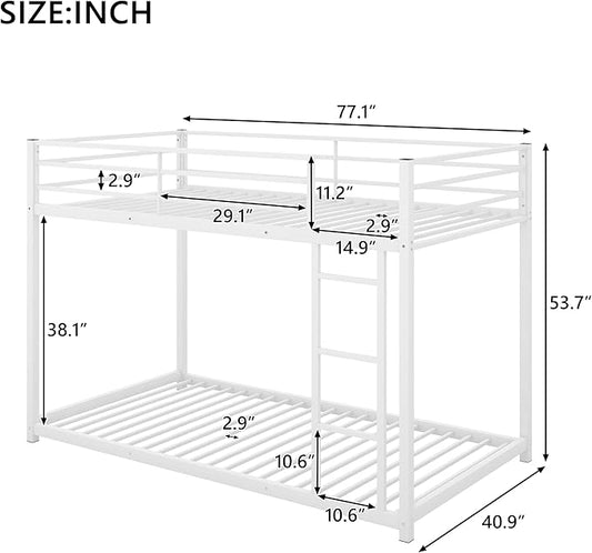 Twin Over Twin Metal Bunk Bed with Full-Length Guardrail,Low Bed Frame W/Ladder, Steel,No Noise,Bedroom Furniture for Children,Teens Adults,White