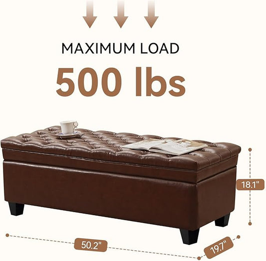 50" Faux Leather Storage Ottoman Bench, Rectangular End of Bed Storage Bench, Upholstered Large Tufted Ottoman with Storage for Living Room, Bedroom, Entryway,Light Brown