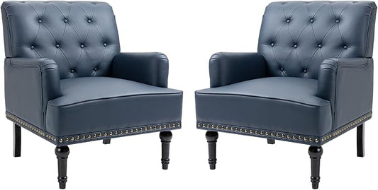 MOJAY Faux Leather Accent Chair Set of 2, Mid-Century Modern Living Room Chair Lounge Study Sofa Chair with Sturdy Wood Legs, Club Chair Armchair for Bedroom Home Study Reception (DarkBlue)