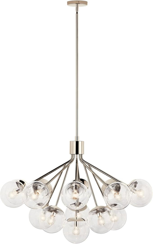 KICHLER Silvarious 12-Light Linear Convertible Chandelier, Soft Modern Light with Clear Glass in Polished Nickel, for Dining Room or Living Room (17.75" x 26.75" x 48"), 52703PNCLR