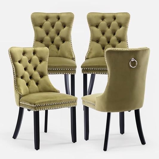 Velvet Upholstered Dining Chairs Set of 4, Modern Style Kitchen Side Chairs with Nailhead Trim and Wood Legs,Metal Pulling Ring for Dining Room Living Room(Olive Green,Set of 4)