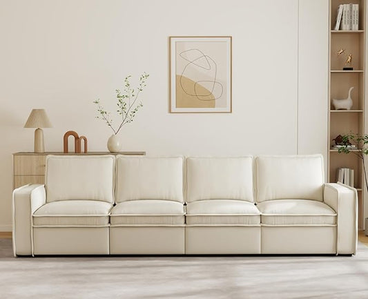 EALSON 119" Modular Sectional Sofa Modern Comfy 4-Seater Couch Sofa Linen Fabric Upholstered Cloud Couches with 24" Deep Seat and Wooden Legs for Bedroom/Living Room/Office, White