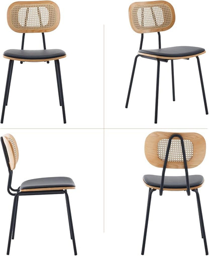 Mid-Century Modern Rattan Cane Back Dining Chairs Set of 2 — PU Leather Upholstered Seat, Black Metal Legs, Kitchen Side Chairs for Kitchen & Dining Room, Black