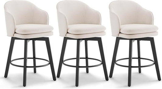 Counter Height Barstools 26 inch Upholstered Swivel Bar Stools with Back and Wood Legs for Kitchen Island,Set of 3,Beige Fabric
