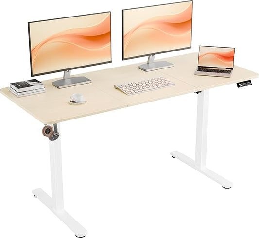ERGOMAKER Electric Standing Desk, 55" x 23.6" Height Adjustable Sit Stand Desk with Splice Board for Home Office, Computer Desk Memory Preset (White Frame, Gold Oak Desktop)