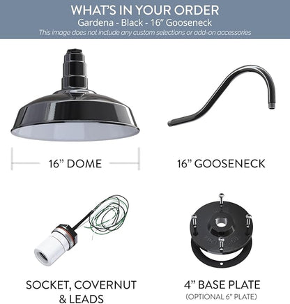 Steel Lighting Co. Gardena Barn Light | Outdoor Wall Mounted | 16" Dome | 16" Gooseneck | Farmhouse Light Made in America | Black Exterior/White Interior